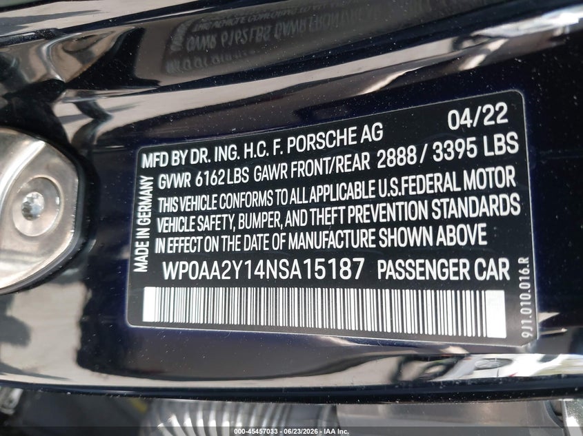 2022 Porsche Taycan VIN: WP0AA2Y14NSA15187 Lot: 45457033