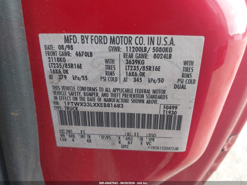 1999 Ford F-350 Lariat/Xl/Xlt VIN: 1FTWX33LXXEB81683 Lot: 45457043