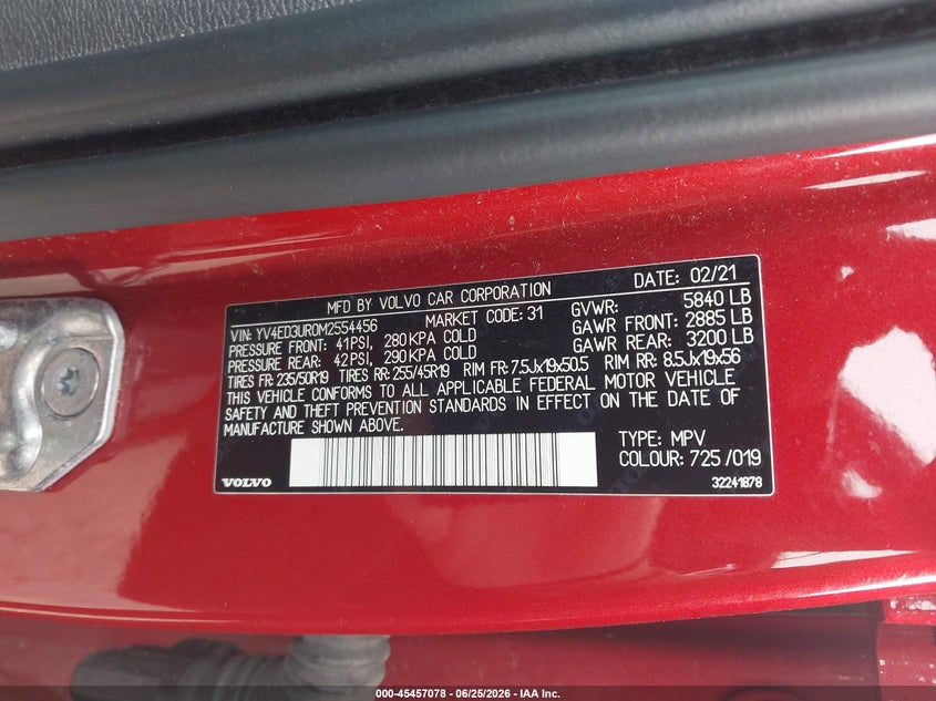 2021 Volvo Xc40 Recharge Pure Electric P8 VIN: YV4ED3UR0M2554456 Lot: 45457078