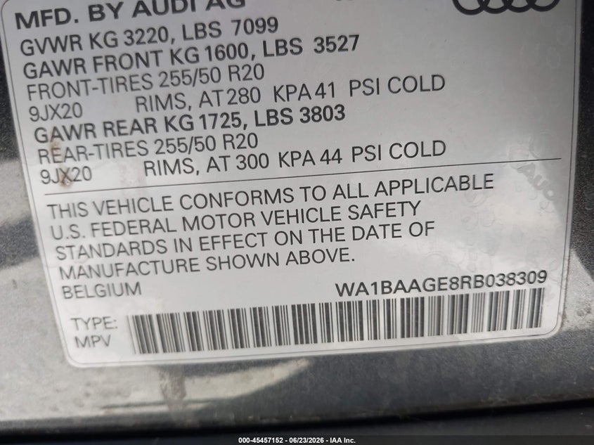 2024 Audi Q8 E-Tron S Line Premium Quattro VIN: WA1BAAGE8RB038309 Lot: 45457152