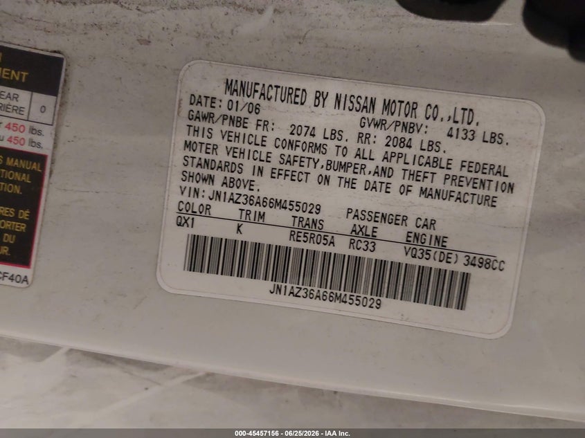 2006 Nissan 350Z Touring VIN: JN1AZ36A66M455029 Lot: 45457156