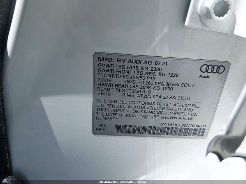 2022 Audi Q3 Premium 40 Tfsi Quattro Tiptronic VIN: WA1AUCF30N1004671 Lot: 45457167