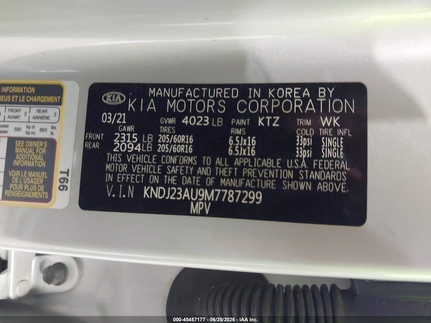 2021 Kia Soul S VIN: KNDJ23AU9M7787299 Lot: 45457177
