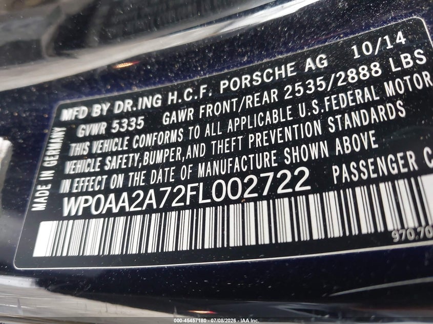 2015 Porsche Panamera 4 VIN: WP0AA2A72FL002722 Lot: 45457180