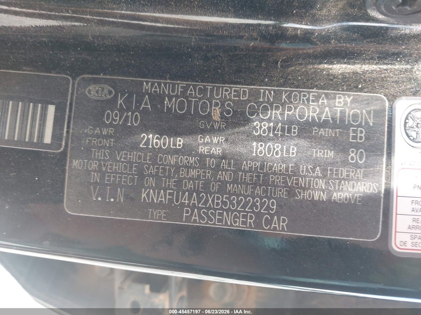 2011 KIA FORTE SEDAN 2.0L I-4 DOHC, VVT, 156HP