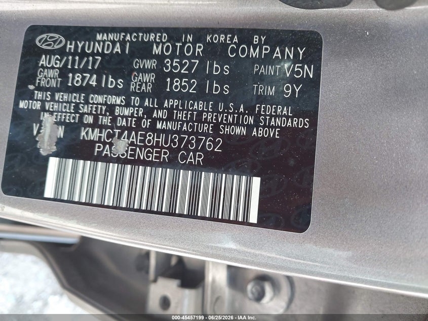 2017 Hyundai Accent Se VIN: KMHCT4AE8HU373762 Lot: 45457199