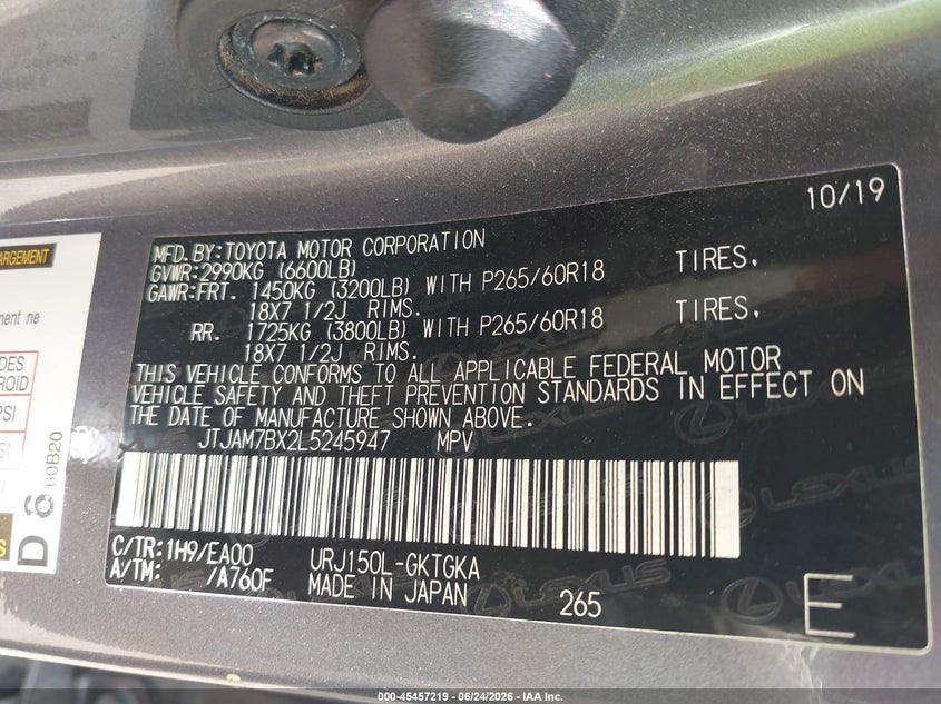 2020 Lexus Gx 460 Premium VIN: JTJAM7BX2L5245947 Lot: 45457219