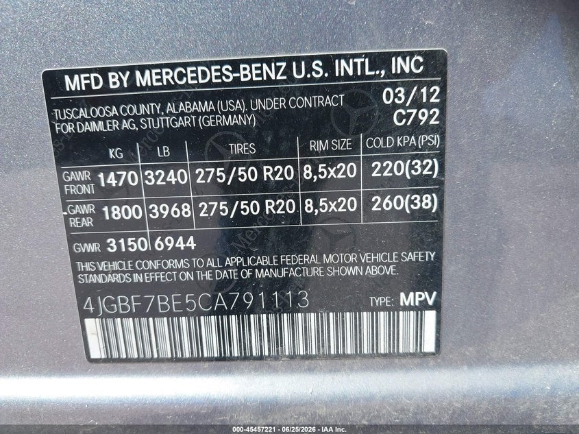 2012 Mercedes-Benz Gl 450 4Matic VIN: 4JGBF7BE5CA791113 Lot: 45457221