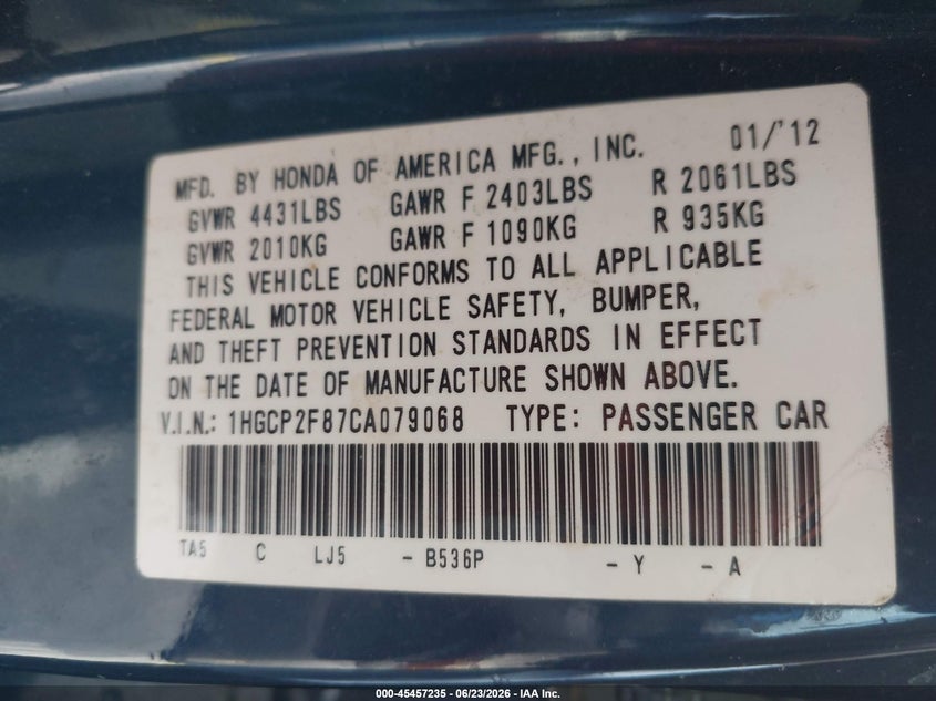 2012 HONDA ACCORD SEDAN 2.4L I-4 DOHC, VVT, 190HP
