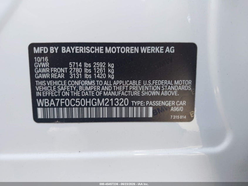 2017 BMW 750I VIN: WBA7F0C50HGM21320 Lot: 45457236