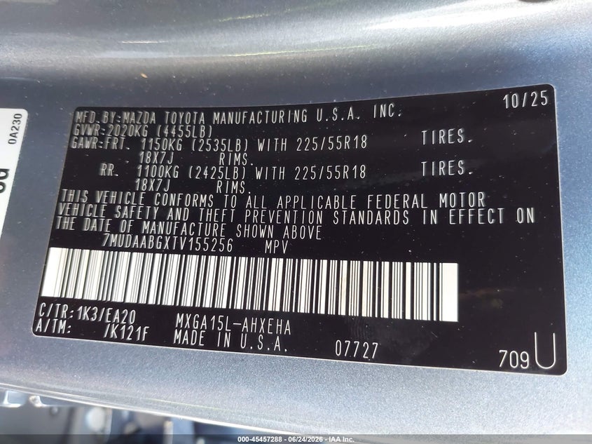 2026 Toyota Corolla Cross Xle VIN: 7MUDAABGXTV155256 Lot: 45457288