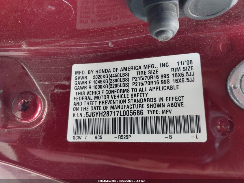 2007 Honda Element Ex VIN: 5J6YH28717L005686 Lot: 45457307