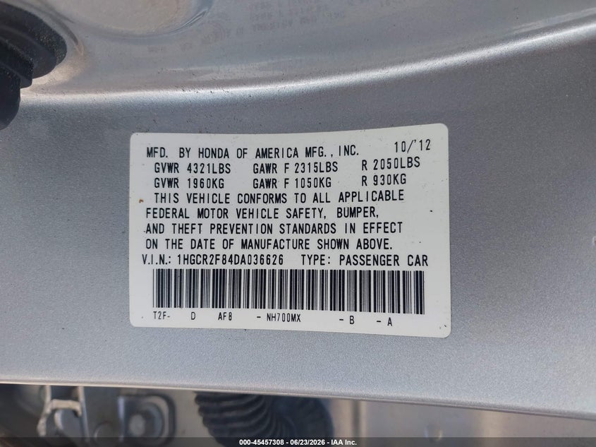 2013 HONDA ACCORD SEDAN 2.4L I-4 DI, DOHC, VVT, 185HP