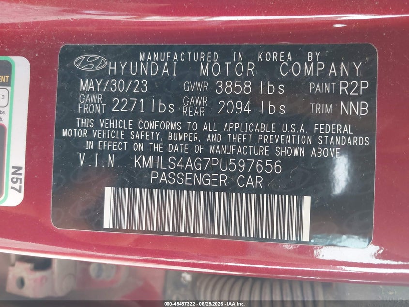 HYUNDAI ELANTRA 2023 VIN KMHLS4AG7PU597656