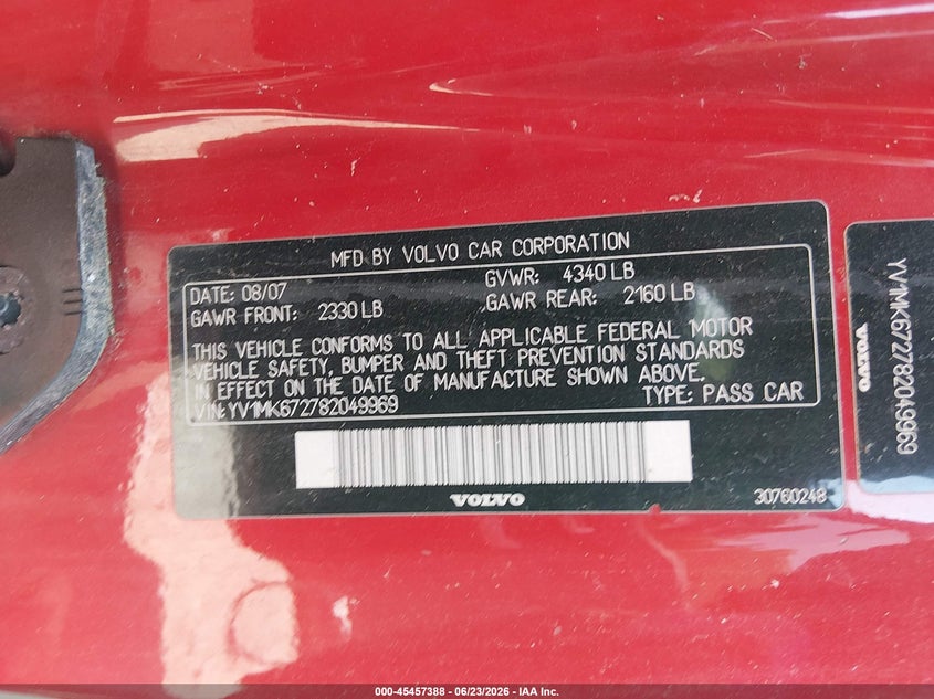 2008 Volvo C30 T5 R-Design/T5 Version 1.0/T5 Version 2.0 VIN: YV1MK672782049969 Lot: 45457388