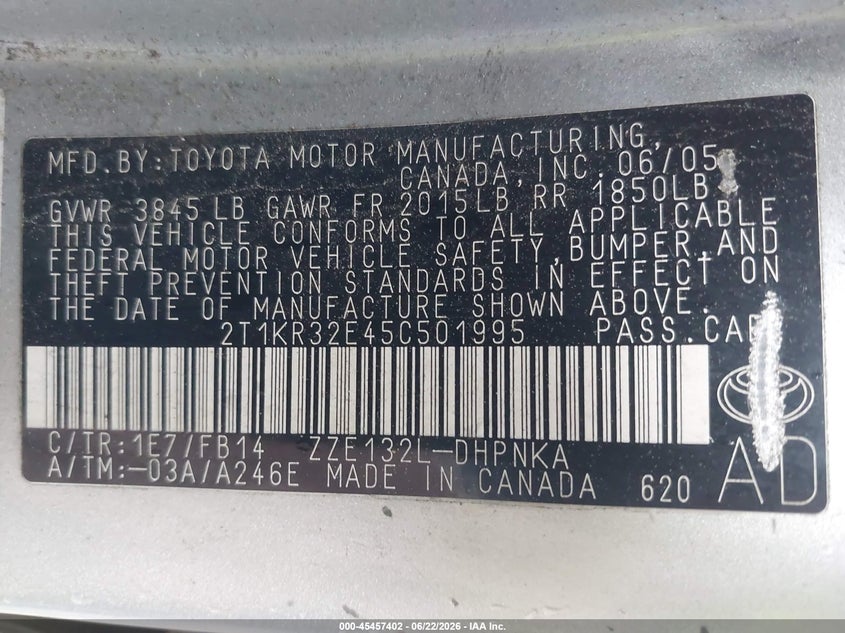 2005 Toyota Matrix Xr VIN: 2T1KR32E45C501995 Lot: 45457402