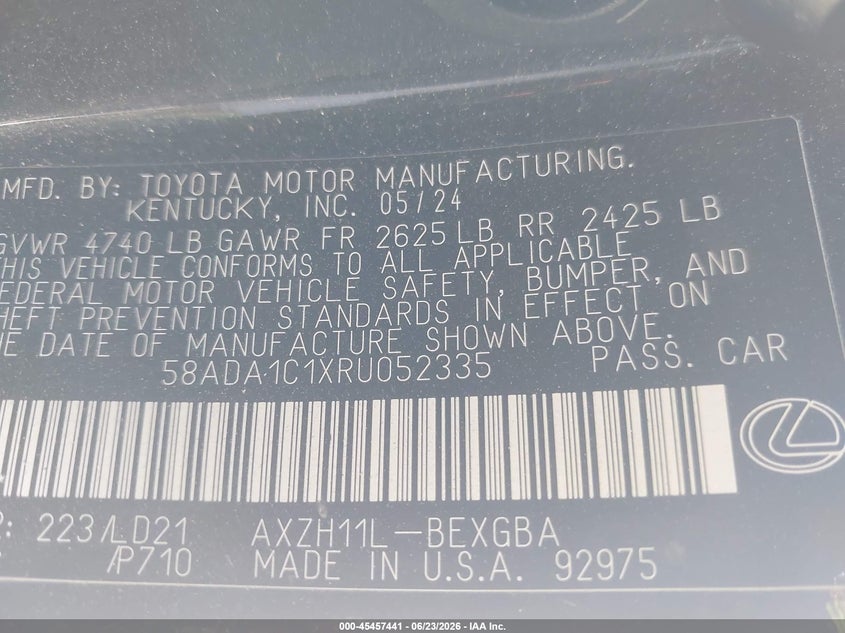 LEXUS ES 300H 2024 VIN 58ADA1C1XRU052335