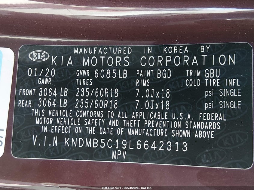 2020 Kia Sedona Ex VIN: KNDMB5C19L6642313 Lot: 45457461