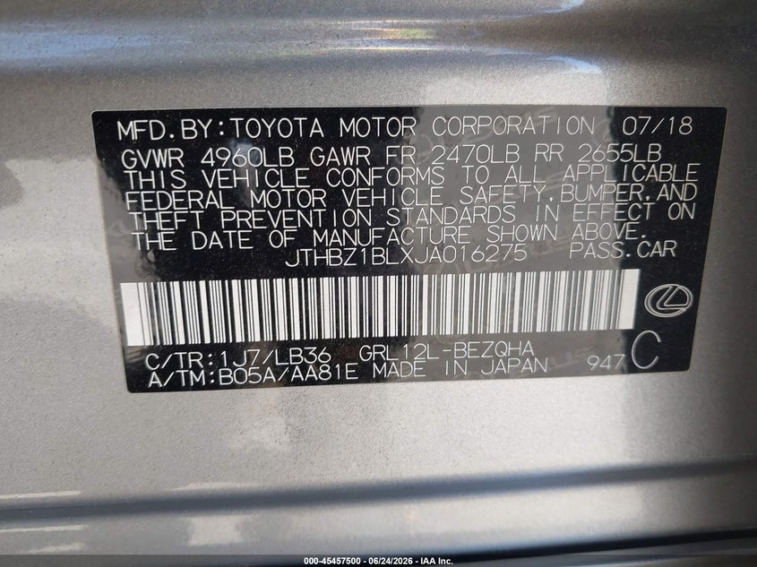 2018 Lexus Gs 350 F Sport VIN: JTHBZ1BLXJA016275 Lot: 45457500