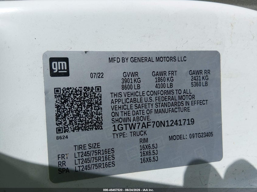 2022 GMC Savana Cargo Rwd 2500 Regular Wheelbase Work Van VIN: 1GTW7AF70N1241719 Lot: 45457520