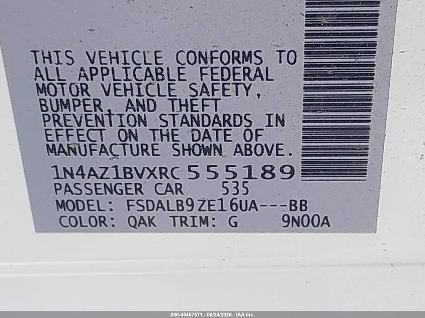 2024 Nissan Leaf S VIN: 1N4AZ1BVXRC555189 Lot: 45457571