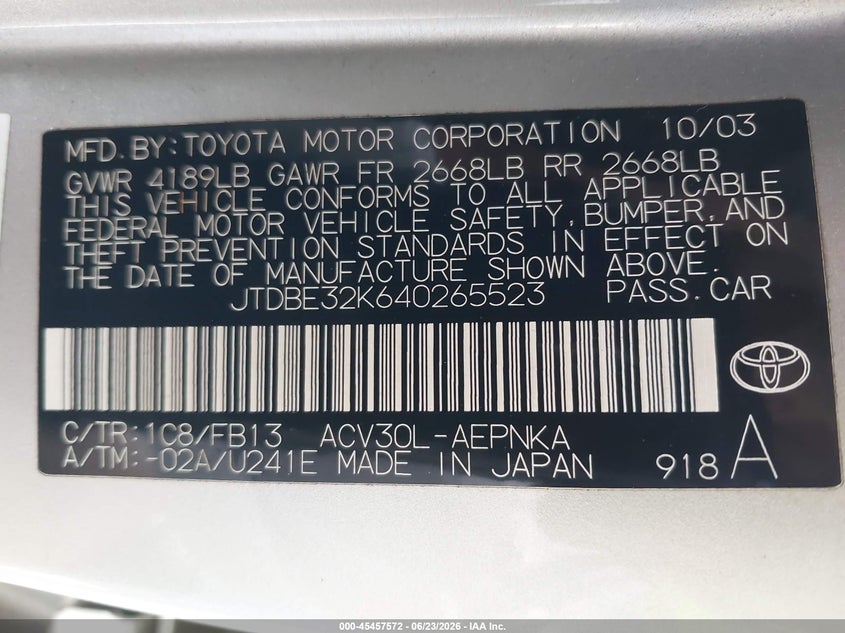 2004 Toyota Camry Le VIN: JTDBE32K640265523 Lot: 45457572