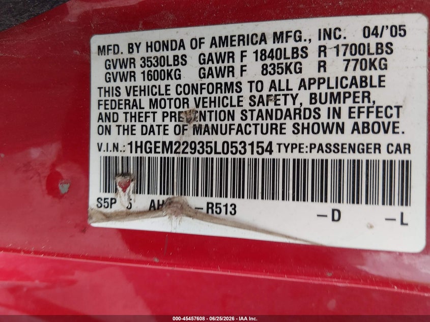 2005 HONDA CIVIC COUPE 1.7L I-4 VVT, 127HP