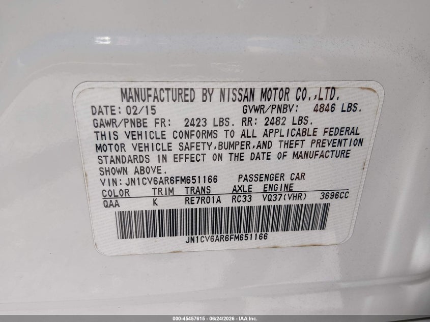 2015 Infiniti Q40 VIN: JN1CV6AR6FM651166 Lot: 45457615