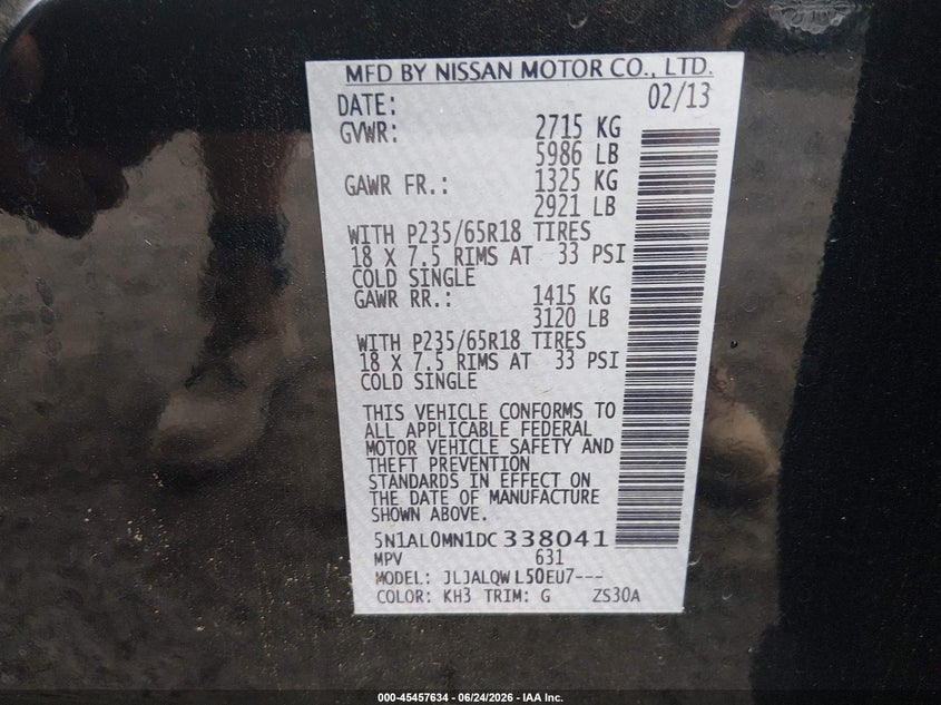2013 Infiniti Jx35 VIN: 5N1AL0MN1DC338041 Lot: 45457634