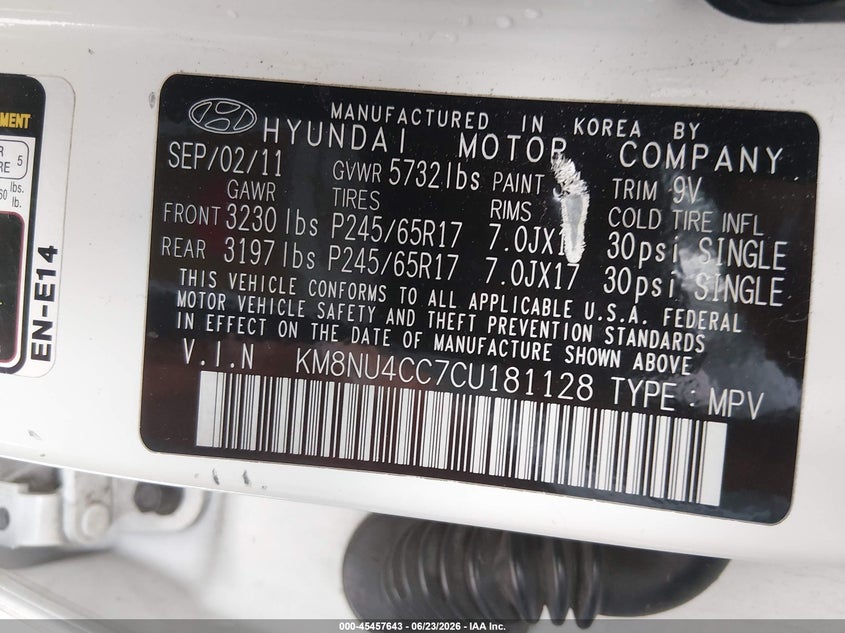 2012 Hyundai Veracruz Gls VIN: KM8NU4CC7CU181128 Lot: 45457643