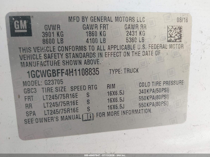 2017 Chevrolet Express 2500 Work Van VIN: 1GCWGBFF4H1108835 Lot: 45457647