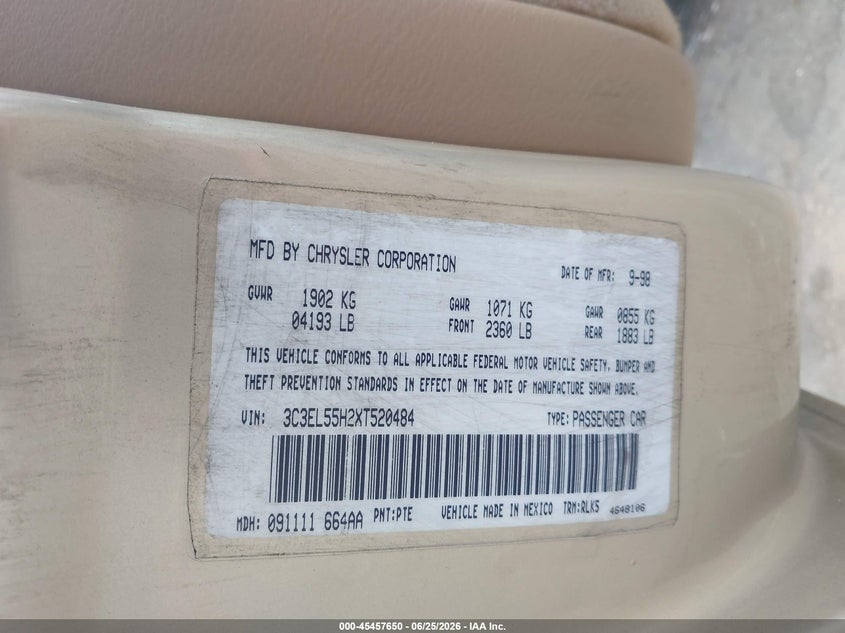 1999 Chrysler Sebring Jxi VIN: 3C3EL55H2XT520484 Lot: 45457650