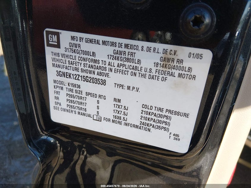 2005 Chevrolet Avalanche 1500 Z71 VIN: 3GNEK12Z15G178561 Lot: 45457678