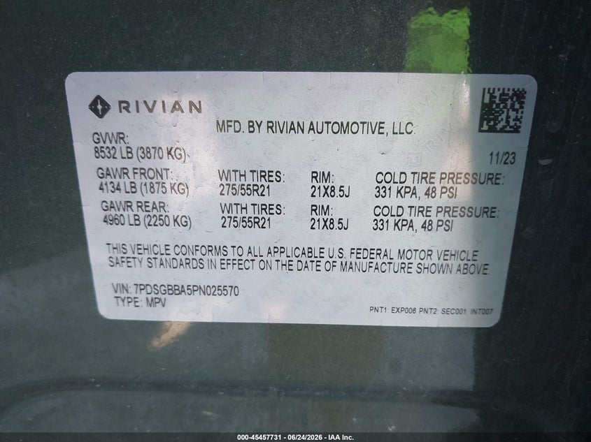 2023 Rivian R1S Adventure/Adventure Dual Motor Max Pack/Adventure Dual Motor Perf Max Pack VIN: 7PDSGBBA5PN025570 Lot: 45457731