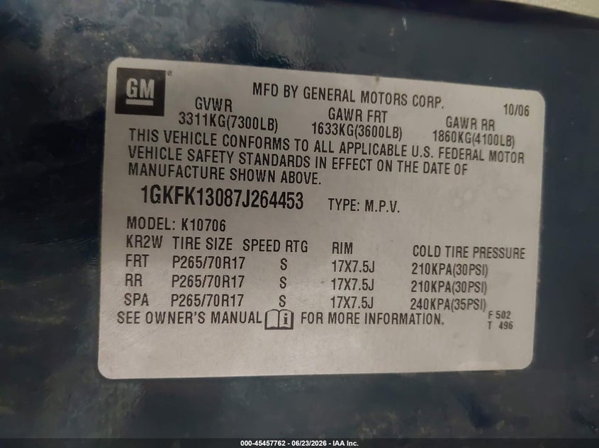 2007 GMC Yukon Slt VIN: 1GKFK13087J264453 Lot: 45457762