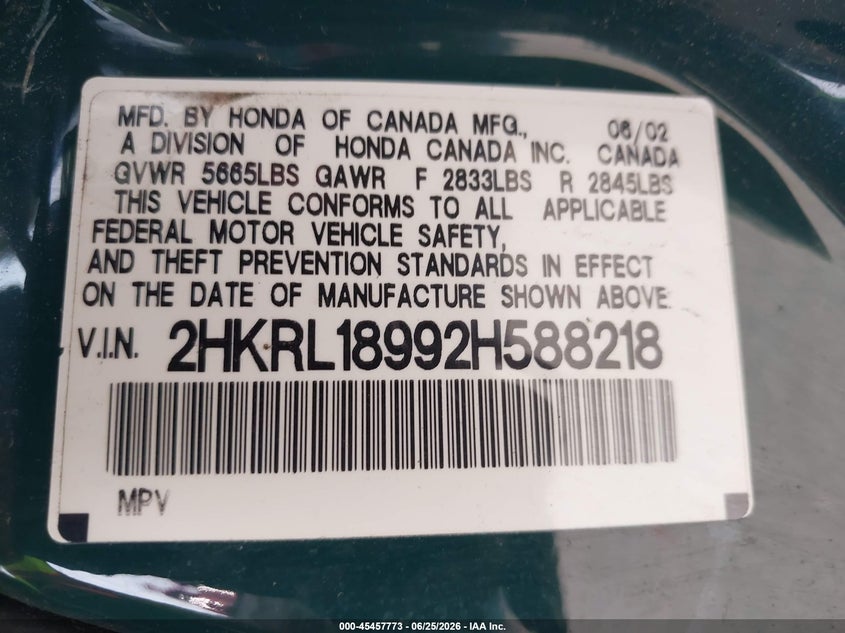 2002 Honda Odyssey Ex-L VIN: 2HKRL18992H588218 Lot: 45457773