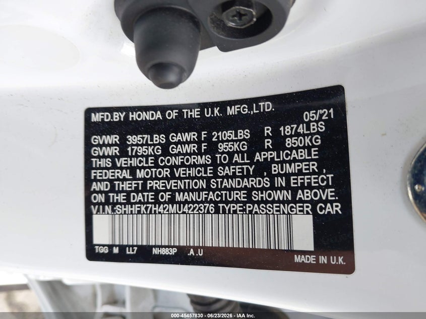 2021 Honda Civic Sport VIN: SHHFK7H42MU422376 Lot: 45457830