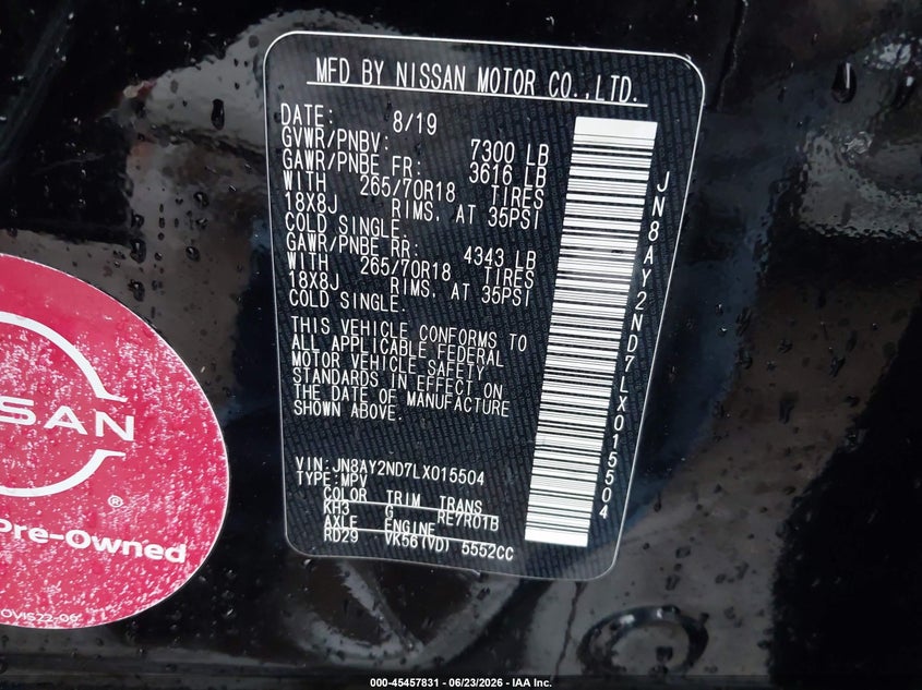 2020 Nissan Armada Sv 2Wd VIN: JN8AY2ND7LX015504 Lot: 45457831
