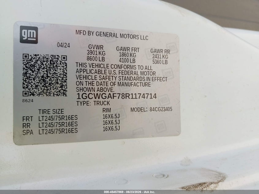 2024 Chevrolet Express Cargo Rwd 2500 Regular Wheelbase Wt VIN: 1GCWGAF78R1174714 Lot: 45457869