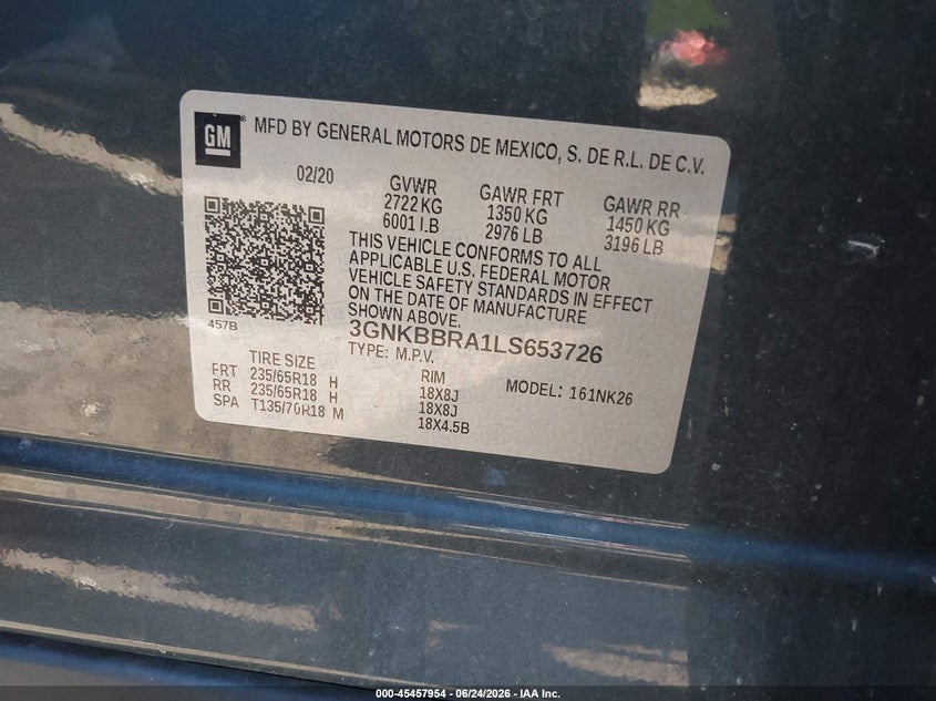 VIN 3GNKBBRA1LS653726 2020 CHEVROLET BLAZER FWD 1LT
