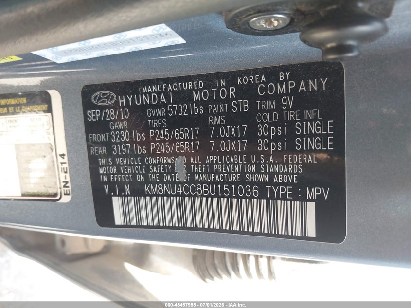 2011 Hyundai Veracruz Gls VIN: KM8NU4CC8BU151036 Lot: 45457955