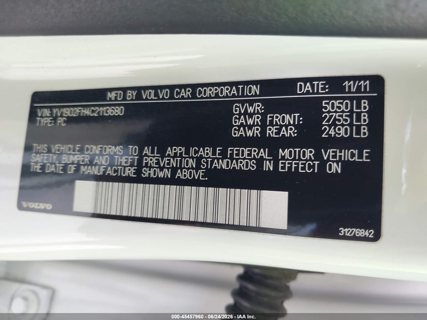 2012 Volvo S60 T6 VIN: YV1902FH4C2113680 Lot: 45457960