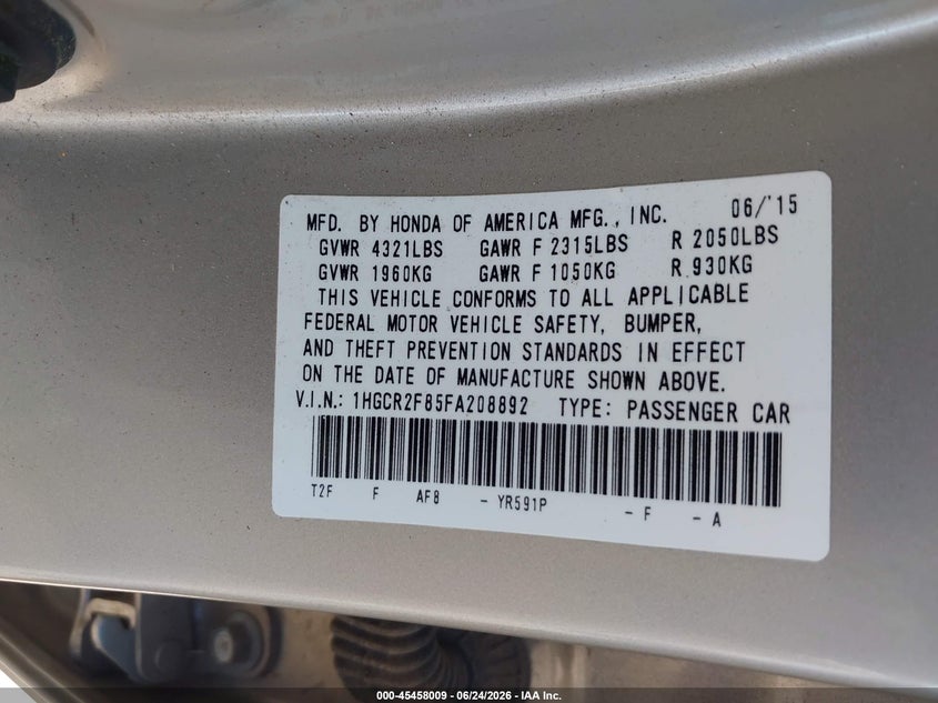 HONDA ACCORD 2015 VIN 1HGCR2F85FA208892