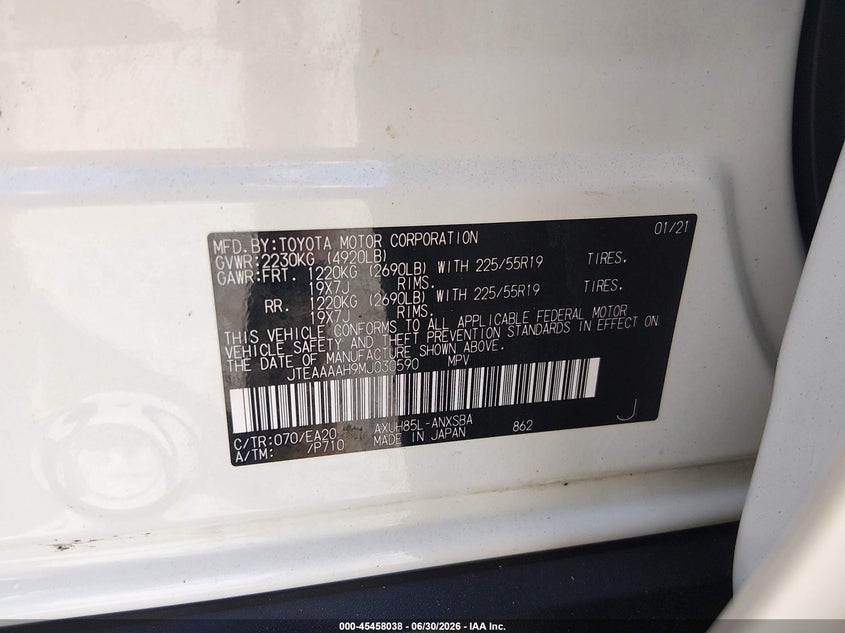 2021 Toyota Venza Limited VIN: JTEAAAAH9MJ030590 Lot: 45458038