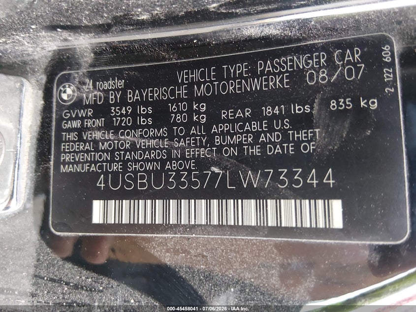 2007 BMW Z4 3.0I VIN: 4USBU33577LW73344 Lot: 45458041