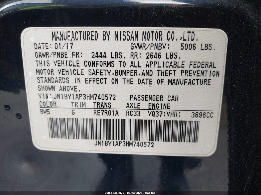 2017 Infiniti Q70 3.7 VIN: JN1BY1AP3HM740572 Lot: 45458077