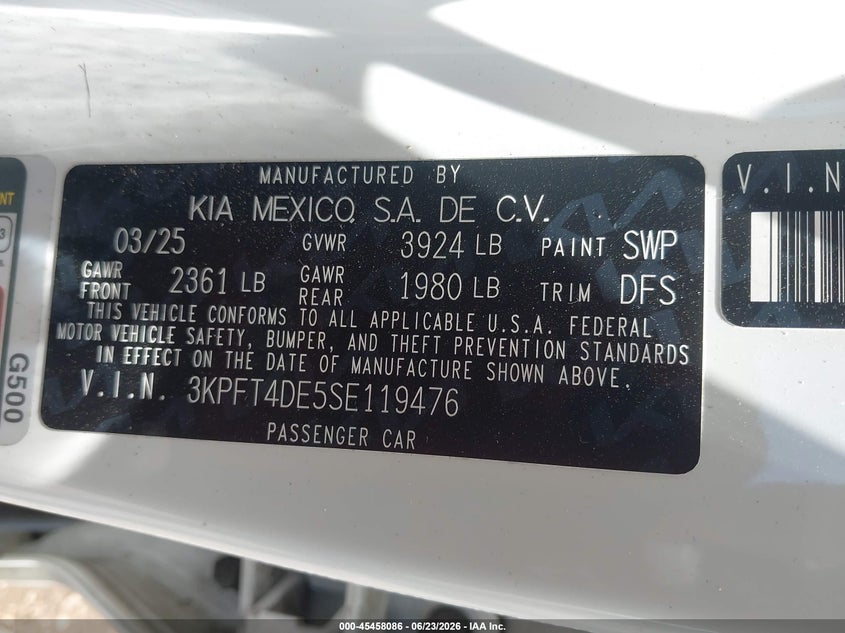 2025 Kia K4 Lxs VIN: 3KPFT4DE5SE119476 Lot: 45458086