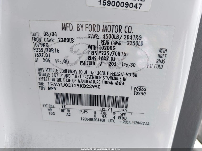 2005 FORD ESCAPE SPORT UTILITY VEHICLE 3.0L V-6 DOHC, 200HP