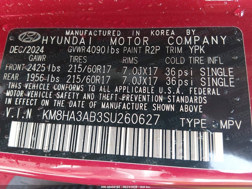 2025 Hyundai Kona Se VIN: KM8HA3AB3SU260627 Lot: 45458165