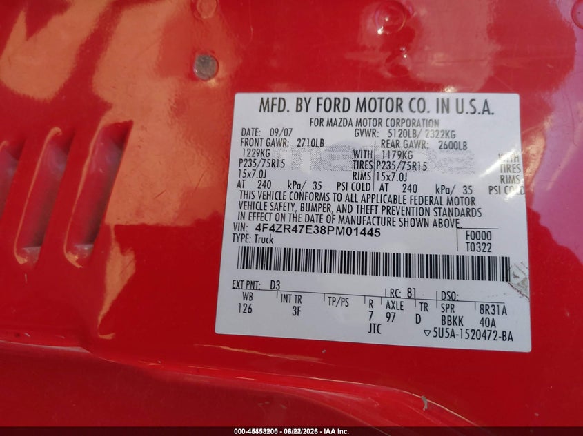 2008 Mazda B4000 VIN: 4F4ZR47E38PM01445 Lot: 45458200